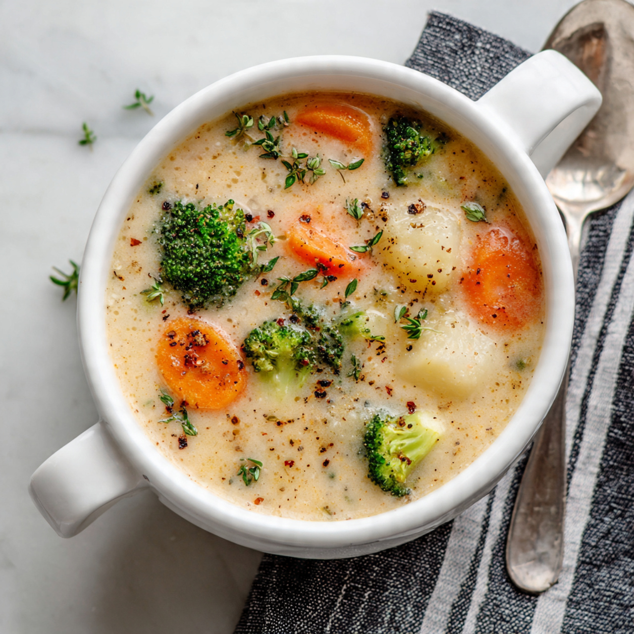 A white bowl with two handles is filled with creamy soup that has a light beige base. Inside the soup, there are small florets of bright green broccoli, orange carrot slices, and white potato chunks scattered through. Tiny green herb leaves and black pepper flakes are sprinkled on top, adding texture and contrast. The bowl sits on a white marbled surface with a silver spoon placed beside it and a black-and-white striped cloth napkin nearby. photo taken with an iphone --ar 4:5 --v 7