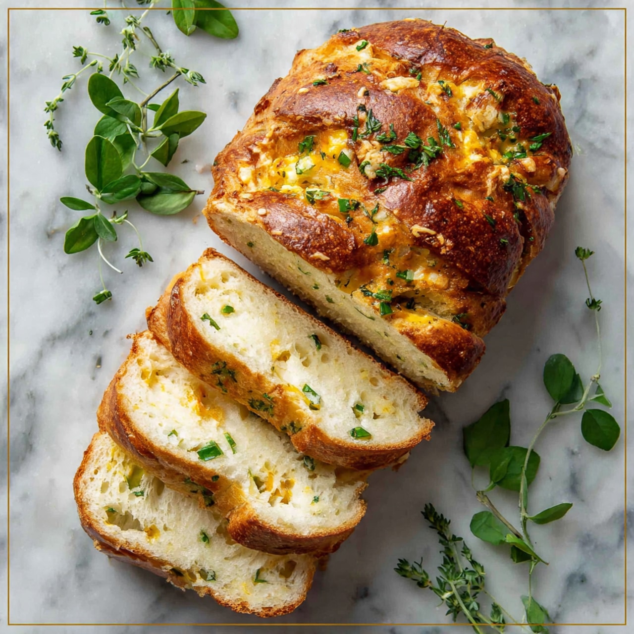 The image shows a loaf of bread with a golden brown crust topped with melted cheese and small green herb pieces. It is sliced into three thick pieces revealing a soft, light yellow inside with small air pockets and more green herbs spread evenly. The bread sits on a white marbled surface with a green leafy garnish around it, adding a fresh touch. photo taken with an iphone --ar 4:5 --v 7