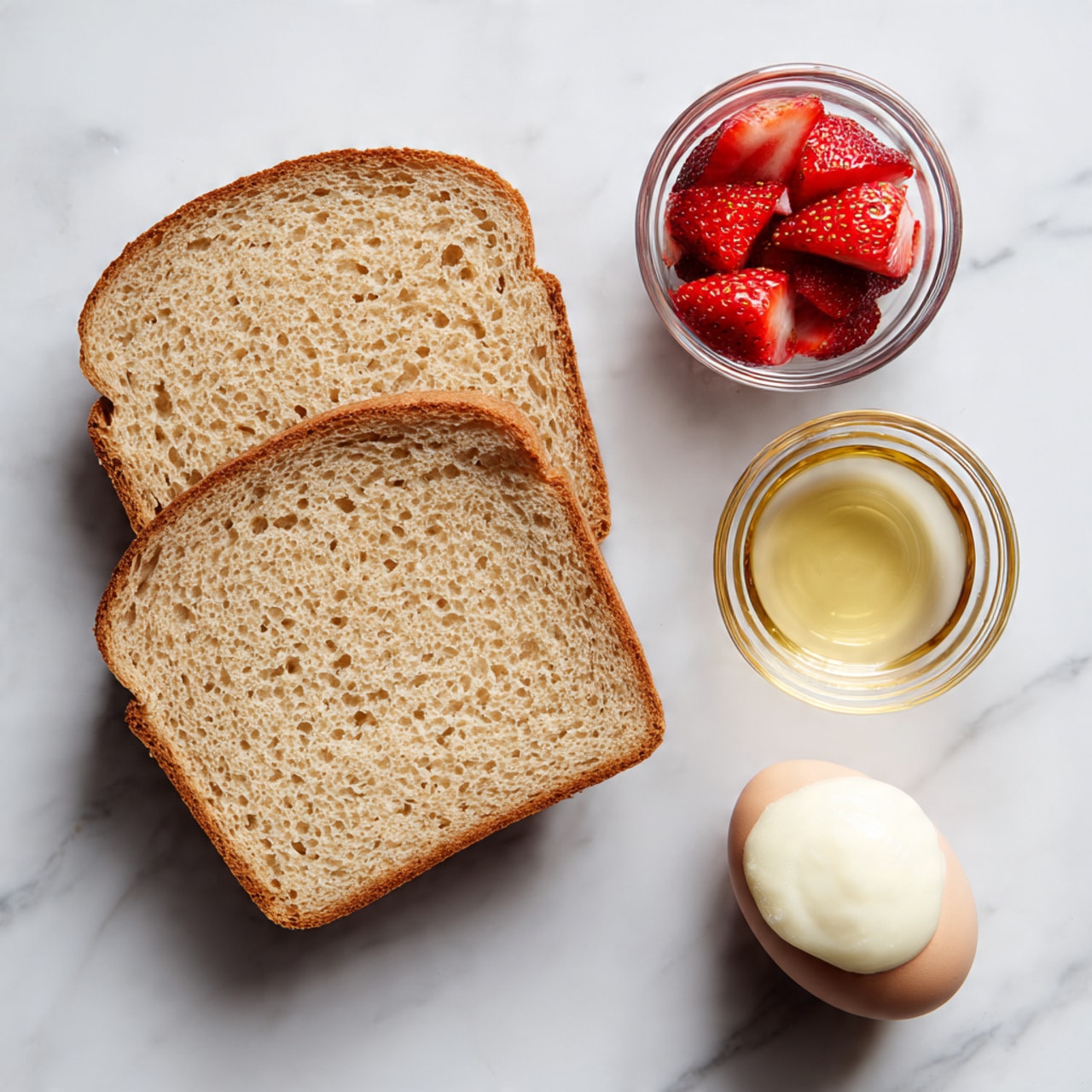 The image shows two slices of light brown bread with soft texture placed on a white marbled surface. To the right of the bread slices are three small glass bowls: the top bowl contains fresh red strawberry halves, the middle bowl holds a light golden liquid, and the bottom bowl has a creamy white substance with a smooth texture. Below these bowls is a single brown egg with a smooth surface. The arrangement is neat and evenly spaced, with all items clearly visible and centered. Photo taken with an iphone --ar 4:5 --v 7
