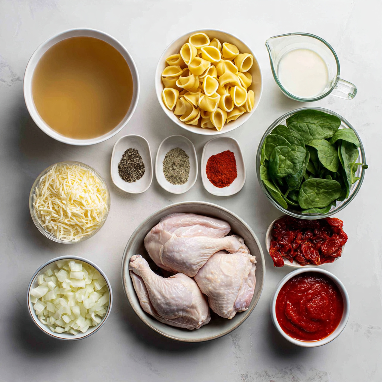 A flat lay of various ingredients on a white marbled surface ready for cooking, featuring a large white bowl filled with light brown broth on the left, next to it a white bowl of shredded parmesan cheese, smaller clear bowls with black pepper, honey, salt, oregano, and red spice powder arranged in a neat row. Below are diced onions in a white bowl and shredded cheese in another white bowl. In the center, a metal bowl holds two pieces of raw poultry with pale skin. To the right, a white bowl is filled with fresh green spinach leaves, and above it, a clear glass bowl holds uncooked yellow tortellini pasta. Also included are a glass measuring cup of milk, a small bowl of diced garlic, a white bowl with sun-dried tomatoes, and a bowl of bright red tomato paste. The composition is clean and bright with balanced colors and textures, photo taken with an iphone --ar 4:5 --v 7