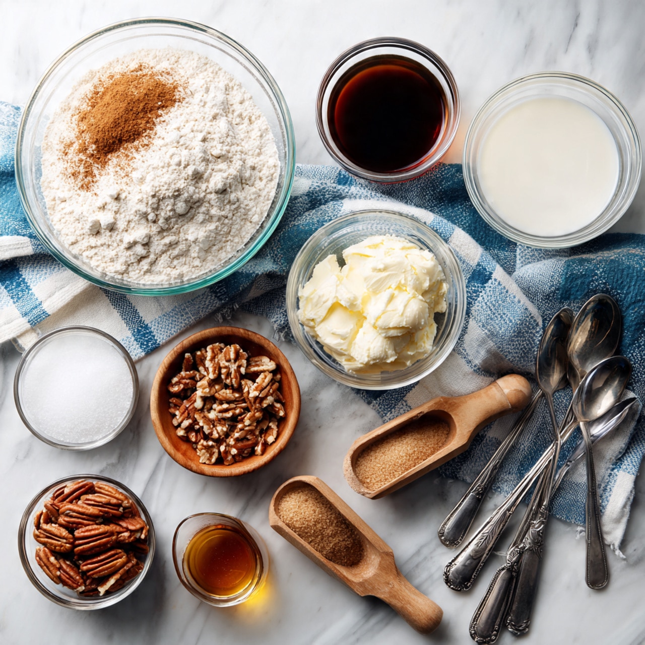 The image shows various baking ingredients arranged on a white marbled surface with a white and blue checkered cloth underneath. There are multiple clear glass bowls: one large bowl contains flour and a pile of brown spice on top, another smaller bowl holds a white creamy substance, a medium bowl has dark brown liquid, a larger bowl contains melted butter, and a smaller bowl with two raw eggs inside. Two wooden measuring spoons are placed on the cloth, one filled with chopped pecans and the other with light brown sugar. A small clear glass container has a small amount of vanilla extract, and three metal spoons are placed together at the bottom right corner of the arrangement. Photo taken with an iphone --ar 4:5 --v 7