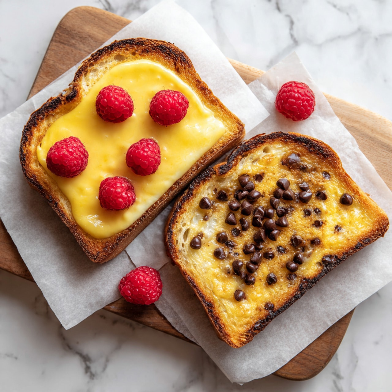 Two slices of toasted bread are shown, each cut in half and placed on white parchment paper on a wooden board, with a white marbled background. The first slice has a toasted golden brown crust, topped with a smooth, creamy yellow layer of custard, and three bright red raspberries arranged evenly on top. The second slice also has a golden toasted crust, covered with the same creamy yellow custard layer, and scattered with dark brown chocolate chips that are slightly melted. Three fresh raspberries rest beside the toasts on the parchment paper. Photo taken with an iphone --ar 4:5 --v 7