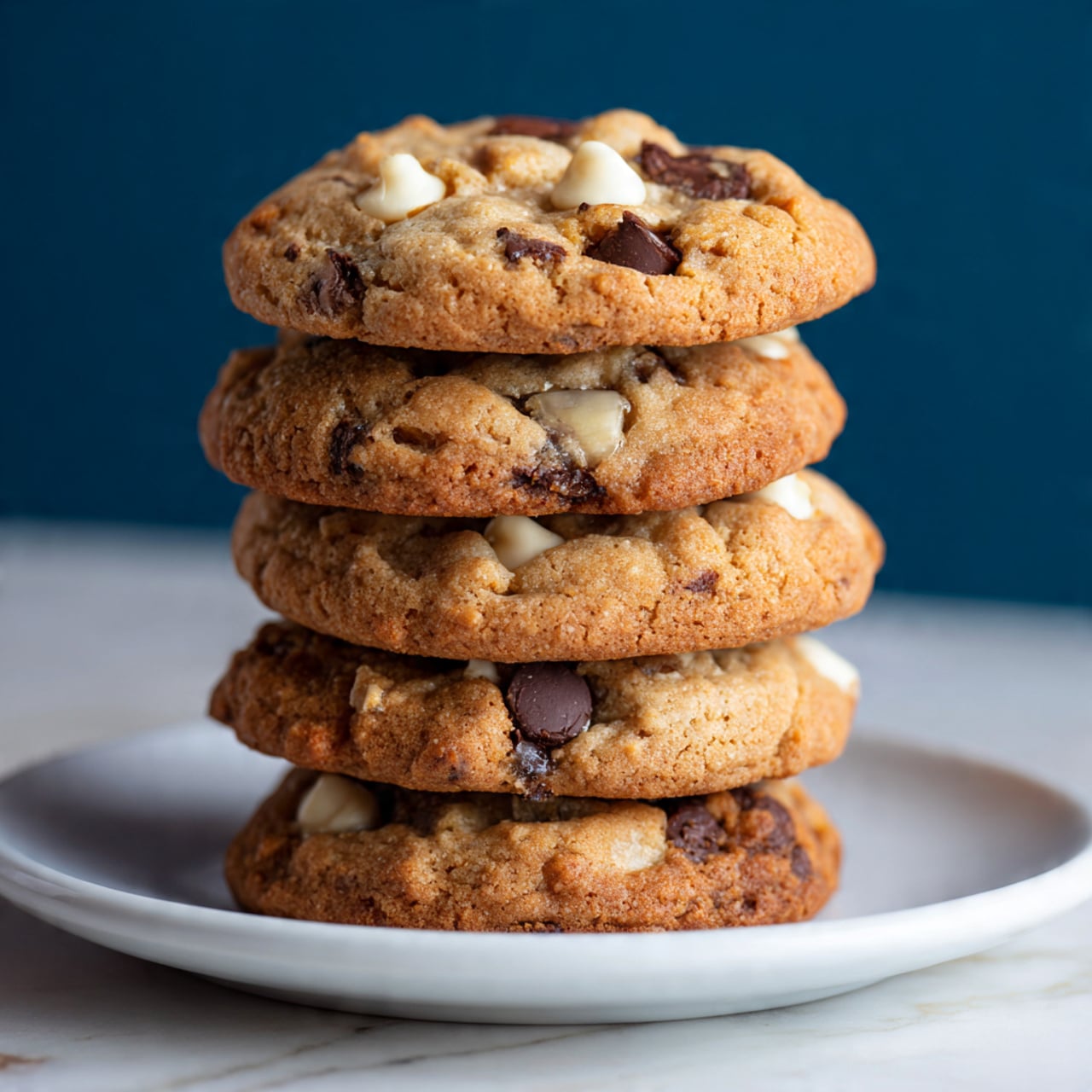 A stack of five thick, round cookies sits on a white plate, each cookie showing a rough, slightly crumbly texture with visible dark brown chocolate chips and white chocolate chips on the surface. The cookies are light brown with a golden baked color and the chocolate chips are embedded unevenly in each thick layer, creating a soft and inviting look. The plate rests on a white marbled surface with a deep blue background behind it. Photo taken with an iphone --ar 4:5 --v 7