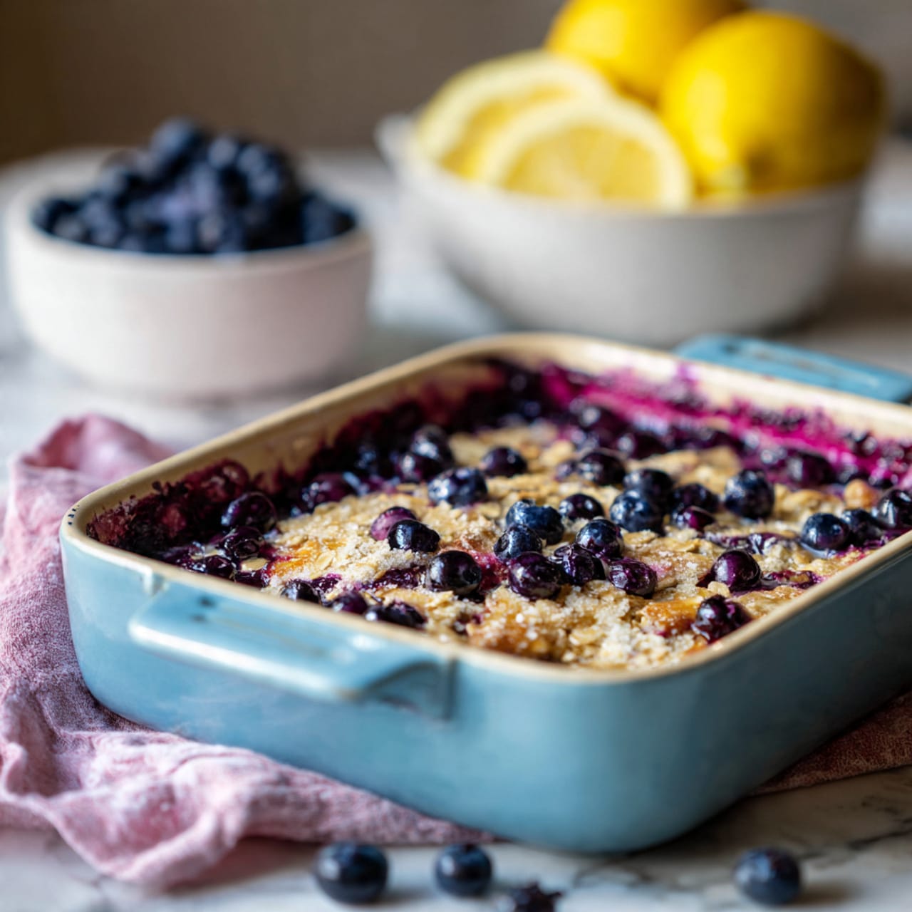 A light blue baking dish filled with a layered dessert, featuring a top layer of golden baked oats mixed with whole blueberries scattered evenly across the surface, some bursting and blending into a dark purple layer beneath. The bottom layer appears juicy and deep purple, visible along the edges and corners. In the background, there is a white bowl with fresh blueberries and a white marbled surface with lemon slices nearby. A soft pink and white cloth is seen under the dish. Photo taken with an iphone --ar 4:5 --v 7