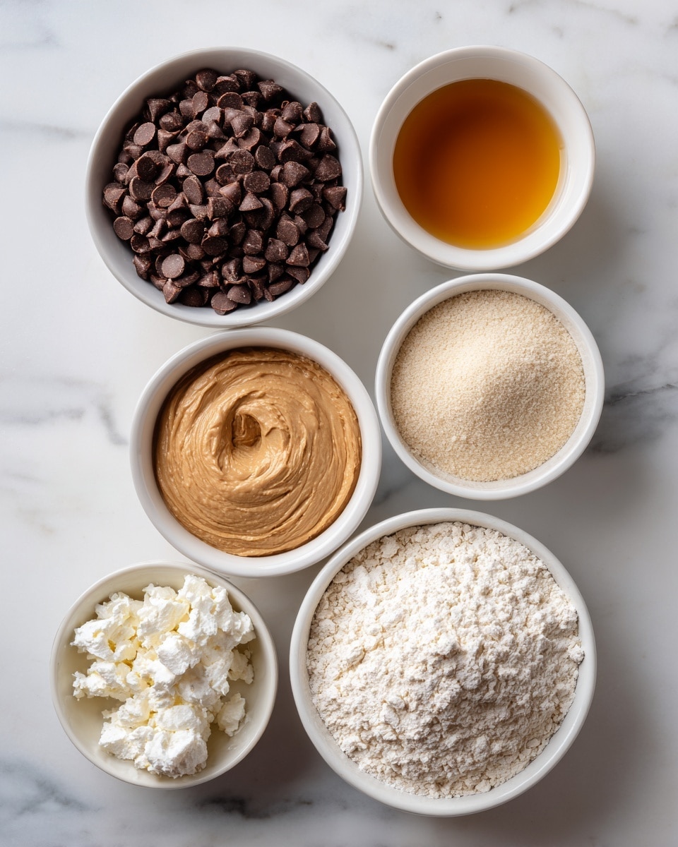 A top view of six small white bowls placed on a white marbled surface, each filled with different ingredients: dark brown chocolate chips fill the first bowl, a golden liquid in the second, light beige powder fills the third, a smooth light brown paste sits in the fourth, white cottage cheese fills the fifth, and a heap of pale flour is in the sixth bowl. The bowls are spaced evenly and have simple textures, with the chocolate chips being slightly shiny and chunky, the powders looking soft and crumbly, and the liquids glossy and smooth. photo taken with an iphone --ar 4:5 --v 7