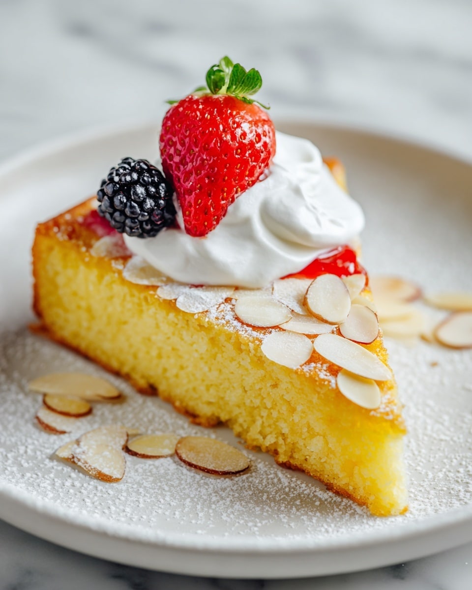 A slice of yellow almond cake sits on a white plate with a slightly crumbly texture and a topping of thin almond slices dusted with powdered sugar. On top of the cake, there is a dollop of white whipped cream, under which a small amount of red berry sauce peeks out. The whipped cream is garnished with a halved red strawberry and two whole blackberries, adding fresh color and texture. The white marbled surface beneath the plate enhances the clean and bright look of the image. photo taken with an iphone --ar 4:5 --v 7