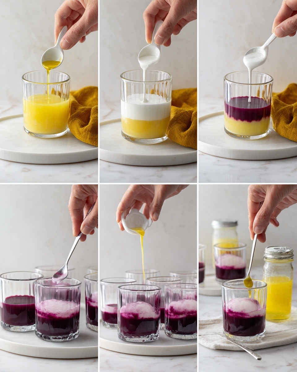 The series of images show a step-by-step process of making layered drinks or jelly in clear glass cups, placed on a white marbled surface. The first image shows a measuring cup with a light yellow liquid and a spoon inside. The second image shows a thicker white liquid being poured into the measuring cup. The third shows a woman's hand holding a mustard-colored cloth next to a measuring cup with a pale pink liquid inside. The fourth image shows a dark purple liquid being stirred with a white spoon inside the measuring cup. The fifth image captures the purple liquid being poured into clear glass cups. The sixth image shows five clear glass cups filled with the purple layer, arranged on a large white plate. The seventh image presents a layer of thick white liquid being poured into each glass cup over the purple layer. The eighth image shows the cups filled with both layers, with the purple layer on the bottom and white on top. The last image shows a tablespoon of yellow oil being added to one glass cup placed on a white tray with a jar of yellow oil in the background. Photo taken with an iphone --ar 4:5 --v 7