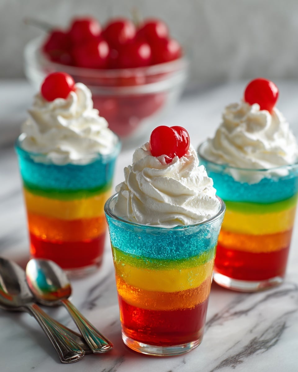 The image shows three clear cups filled with five layers of bright jelly in vivid colors, from bottom to top: blue, green, yellow, orange, and red. Each jelly layer is smooth and slightly translucent, stacked evenly to create a rainbow effect. On top of each cup is a swirl of white whipped cream that is soft and fluffy, crowned with a shiny red cherry. The cups are placed on a white marbled surface, with a small glass bowl of cherries blurred in the background and two silver spoons lying in front. The photo taken with an iphone --ar 4:5 --v 7