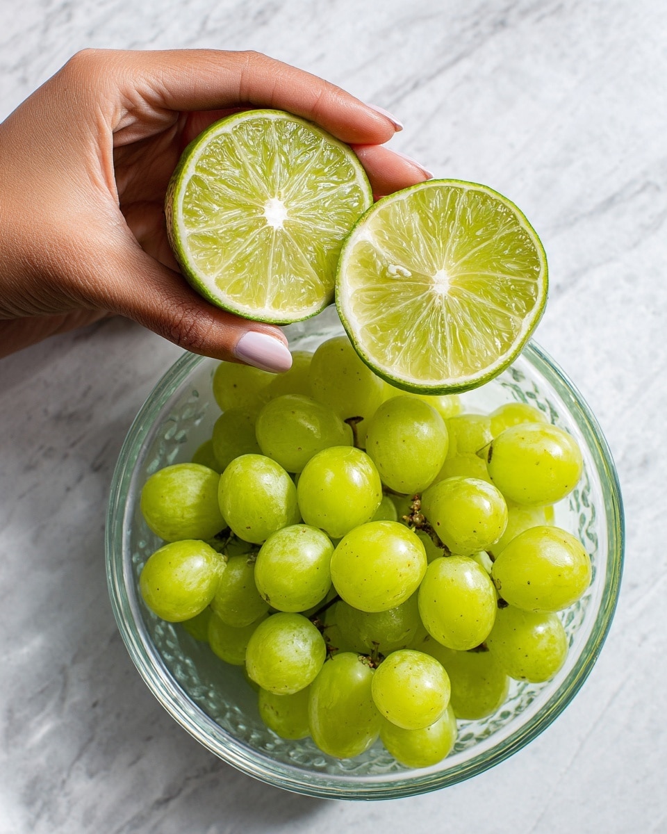 A woman's hand is holding two halves of a lime, showing the juicy, light green inside with visible texture and white center. Below, there is a clear glass bowl filled with fresh, round green grapes that have a shiny surface. The background is a white marbled texture surface. The image captures the moment just before squeezing the lime halves over the grapes. photo taken with an iphone --ar 4:5 --v 7