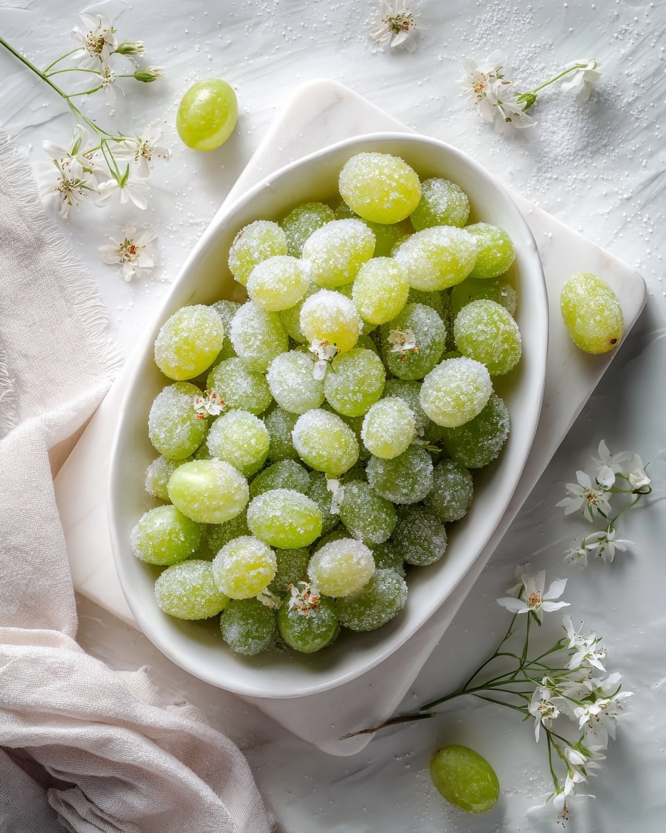 A large oval white bowl filled with round green grapes covered evenly in white sugar crystals sits atop a white marble rectangular board. Around the bowl, a few sugar-coated grapes are scattered along with small white flowers with thin green stems. A light beige cloth is partially visible on the left side on a white marbled surface. The overall color palette is soft and pastel with gentle lighting highlighting the sparkling sugar on the grapes. Photo taken with an iphone --ar 4:5 --v 7