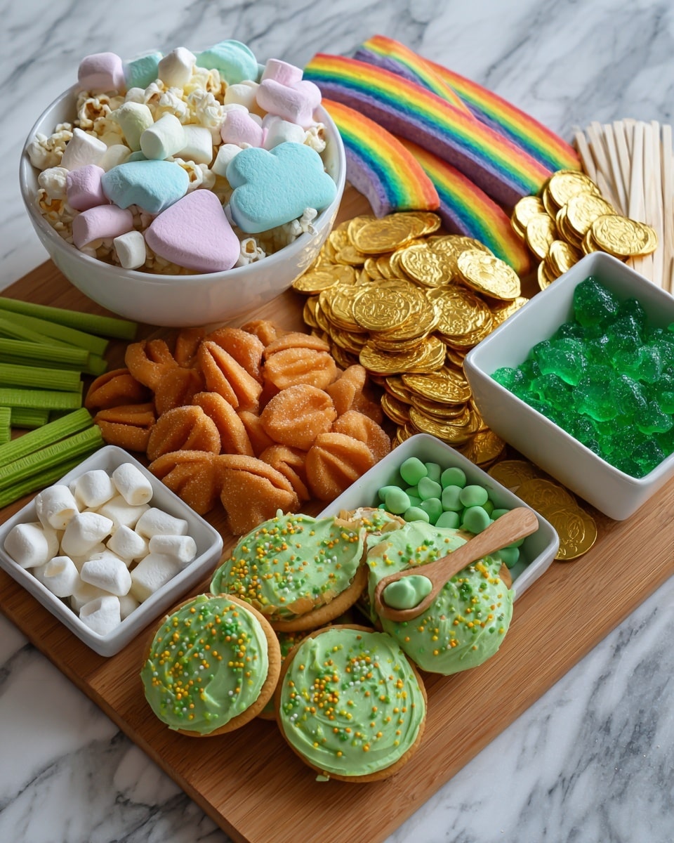 The image shows a wooden board filled with colorful sweets arranged in layers. On the left, there is a white bowl full of popcorn mixed with pastel-colored marshmallow shapes in the form of clouds, hearts, and rainbows. Around the bowl, there are green green wafer sticks lying flat and shiny gold-wrapped chocolate coins stacked. Near the center-right, a pile of orange fortune cookies is placed over the golden chocolate coins. To the right side, there are bright green rock candy sticks on wooden skewers and a small white square bowl filled with green and light green candy-coated chocolates, with a wooden spoon inside. At the bottom right, several round cookies with green frosting and yellow and white round sprinkles cover the tops. Behind the popcorn bowl, a cluster of rainbow-colored sour candy strips lays curved over the board. The entire arrangement is placed on a white marbled surface photo taken with an iphone --ar 4:5 --v 7