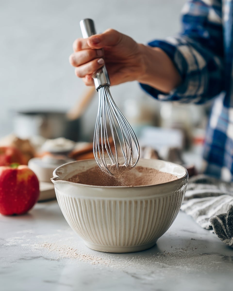 A woman’s hand is holding a white and beige mixing bowl with a spout, containing a brown powder mixture, while another woman’s hand stirs the mixture using a silver whisk with a thick handle, the scene is set on a white marbled surface with a blurred red apple and other baking items around, the person wears a blue and white checkered shirt photo taken with an iphone --ar 4:5 --v 7