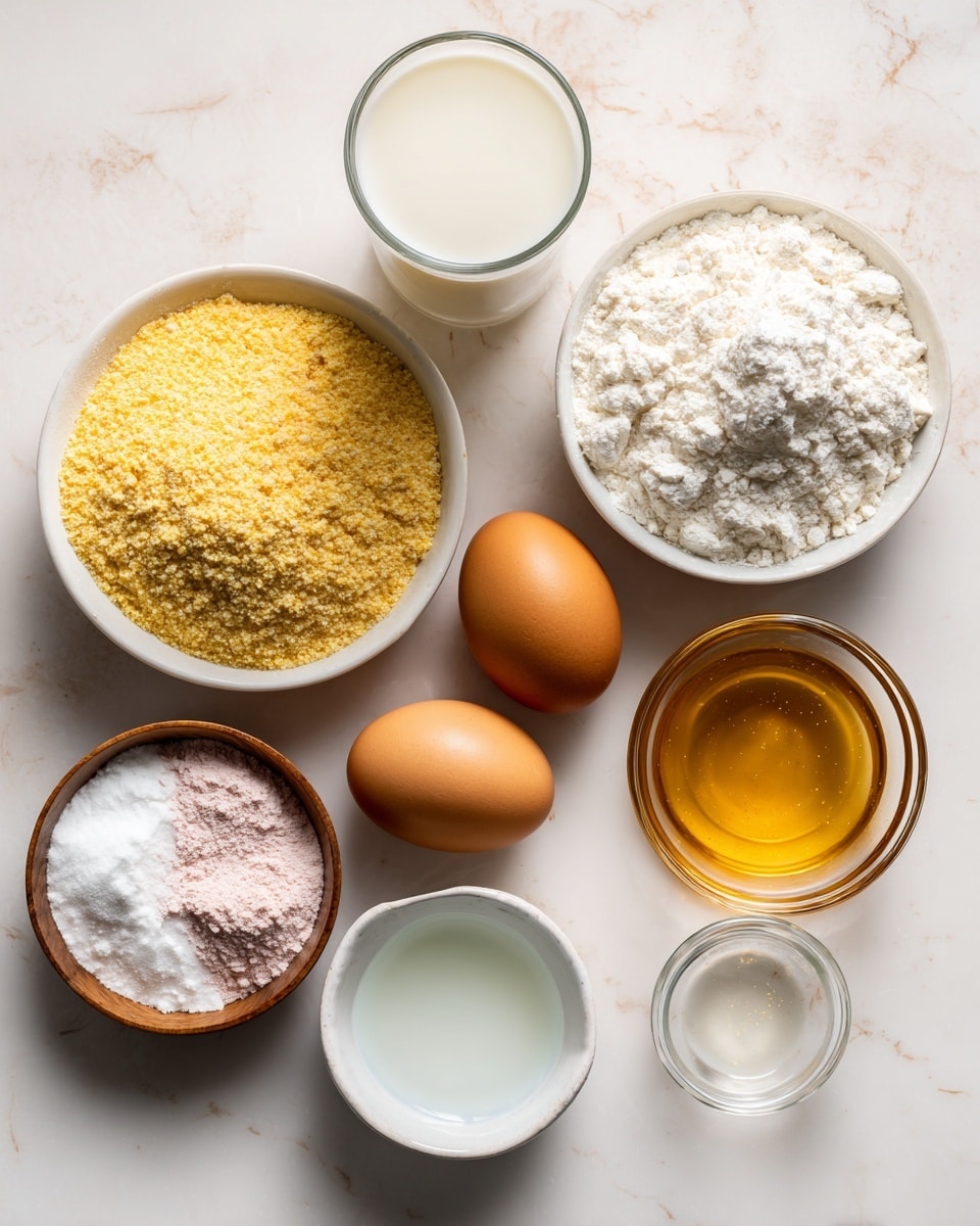 The image shows several ingredients arranged neatly on a white marbled surface. There are two brown eggs placed side by side near the center. To the left of the eggs, there is a white bowl filled with yellow cornmeal with a coarse texture, and above it, another white bowl filled with white flour that looks soft and powdery. Next to the flour, there is a tall glass of creamy white milk. On the right side of the eggs, a small clear glass bowl contains golden honey, and below it, a small white bowl with clear liquid, likely oil or water. At the bottom left corner, there is a small wooden bowl with white and pink powders, likely salt and baking soda. Photo taken with an iphone --ar 4:5 --v 7