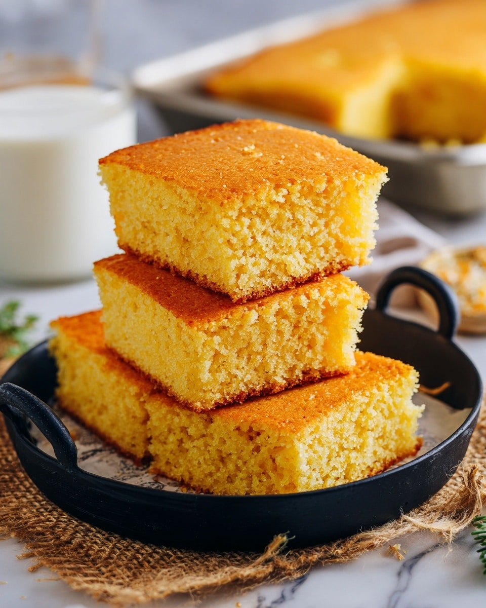 The image shows three square pieces of cornbread stacked on a black round plate with curved handles, sitting on a burlap cloth over a white marbled surface. Each piece has a golden yellow color with a soft, crumbly texture and slightly browned edges. The top piece rests on the other two, showing its light, airy interior. In the blurred background, there's a glimpse of a white cup and a glass filled with milk next to a metal baking tray with more cornbread inside. The scene is bright and inviting, focusing on the freshly baked cornbread. photo taken with an iphone --ar 4:5 --v 7