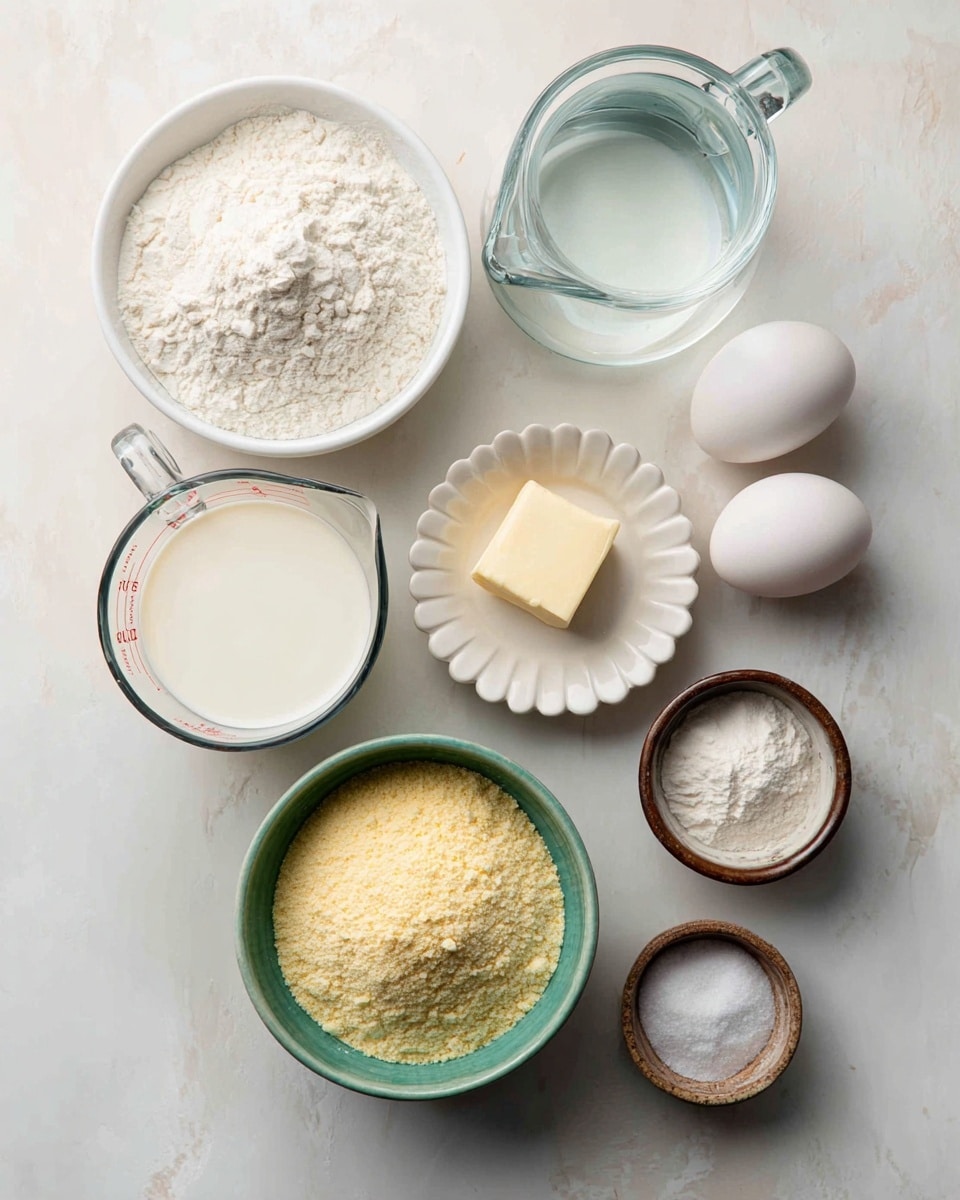 A white marbled surface holds several bowls and containers with ingredients arranged in a loose circle: a clear glass measuring cup filled with milk sits in the front left; a green bowl in the middle holds yellow cornmeal with a grainy texture; a small white bowl next to the green bowl contains a whitish liquid; a larger clear glass pitcher on the right is filled with water; two white eggs rest behind the pitcher; a small white scalloped dish holds a square of pale yellow butter; and two small brown and white bowls contain white powdery substances, likely baking powder and salt. The scene is bright and clean with soft natural light. photo taken with an iphone --ar 4:5 --v 7