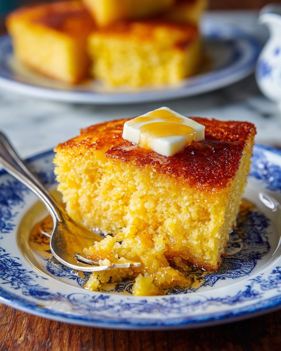 A close-up of a single thick slice of golden corn pudding on a white plate with blue patterns, showing a soft, moist, and slightly crumbly texture with a light yellow color inside and a slightly darker, caramelized top layer; a square pat of melting butter with a drizzle of honey or syrup sits on top, adding shine and smoothness; a silver fork rests on the plate holding a small bite of the pudding; in the background, there is another white plate with blue patterns holding more cornbread, slightly out of focus, all placed on a wooden table with a white marbled texture surface visible around. photo taken with an iphone --ar 4:5 --v 7