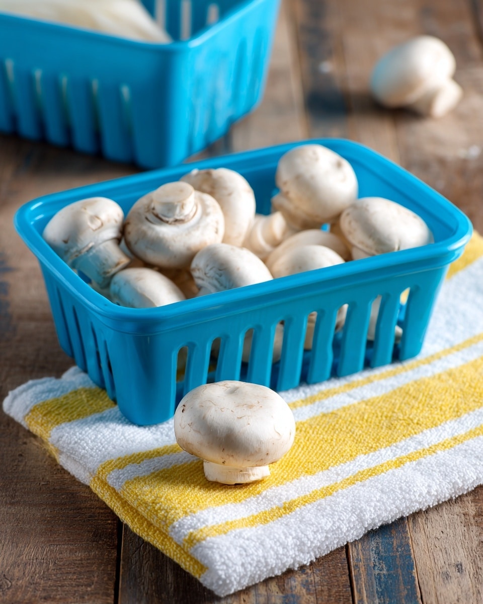A close-up image shows a blue plastic container filled with whole white mushrooms placed on a wooden surface. In the background, there is another blue plastic container with some white contents partially visible. In the foreground on the right side, a single white mushroom rests on a white towel with yellow stripes, which is laid on the wooden surface. The overall scene is bright and focuses on the mushrooms and the blue containers. The texture of the wooden surface is clear and rustic photo taken with an iphone --ar 4:5 --v 7