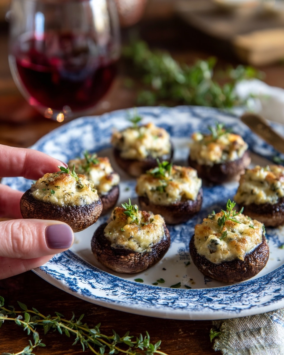 The image shows seven stuffed mushrooms arranged on a white plate with a blue pattern. Each mushroom has a dark brown outer shell filled with a light, creamy, slightly browned mixture topped with small sprigs of green herbs. A woman's hand is holding one mushroom in the foreground. The plate rests on a wooden surface, with some green herbs scattered around and a glass of red liquid blurred in the background. Photo taken with an iphone --ar 4:5 --v 7