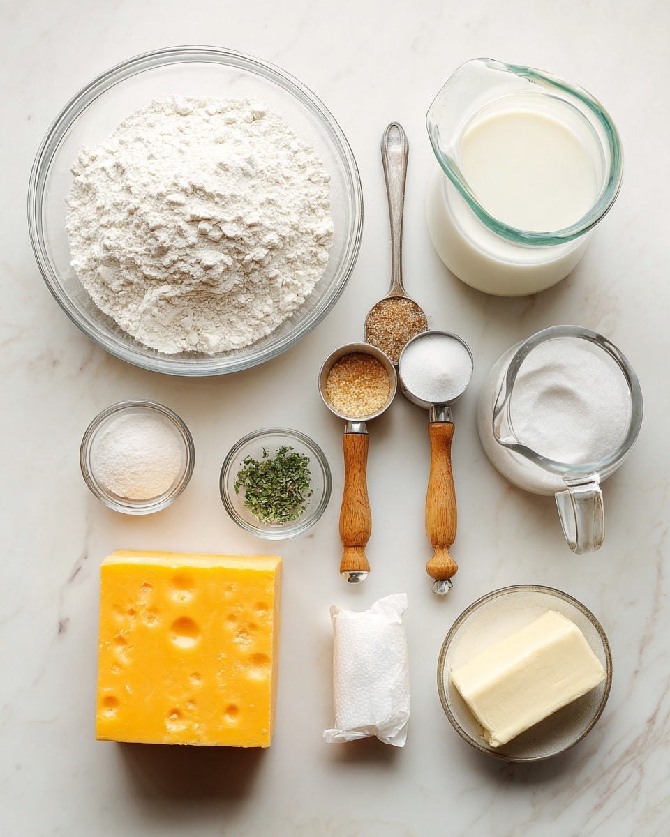 A top view of various baking ingredients laid out on a white marbled surface: a large clear glass bowl full of white flour on the top left, a small clear glass bowl with white salt above it, a small measuring spoon with light brown powder, and another measuring spoon with white sugar, both with wooden handles beside the bowls. On the right, there is a clear measuring jug filled with milk, and below it, a small white wrapped package of butter. Near the center bottom, a large solid block of bright yellow-orange cheese rests next to a small clear bowl with white baking powder and a tiny bowl holding green herbs mixed with light brown seasoning. The arrangement is neat and evenly spaced photo taken with an iphone --ar 4:5 --v 7