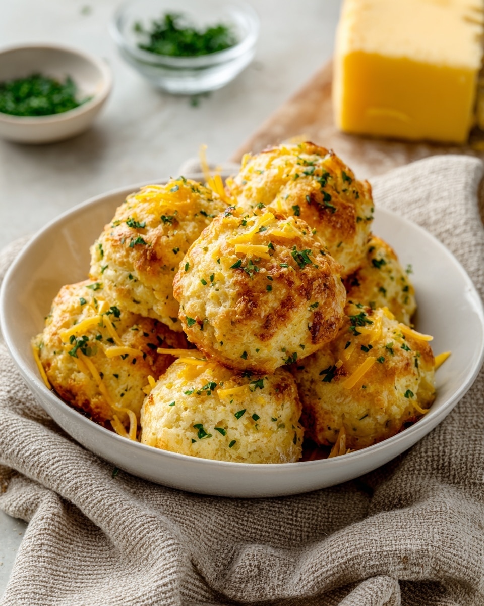 A white bowl filled with about eight golden brown biscuit balls topped with small bits of melted yellow cheese and sprinkled with finely chopped green herbs. The biscuit balls have a rough, crumbly texture with a light crust on the outside and soft inside. The bowl is on a beige textured cloth surface with a block of yellow cheese and a small clear bowl of green herbs in the background. Photo taken with an iphone --ar 4:5 --v 7