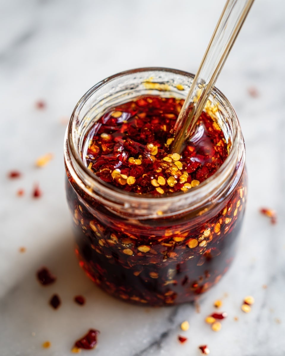 A clear glass jar filled with deep red chili oil, showing three visible layers: a dark red oily base at the bottom, a middle layer with floating red chili flakes mixed with yellow seeds to create a textured pattern, and a thin shiny oily layer on top. A clear glass stirrer rests inside the jar, angled from the top left corner downward, partially submerged in the chili oil. The jar sits on a white marbled surface with faint gray veins, and some chili flakes are scattered around it. The image is bright and sharp, capturing the glossy, oily texture and the vibrant red and yellow colors clearly. Photo taken with an iphone --ar 4:5 --v 7