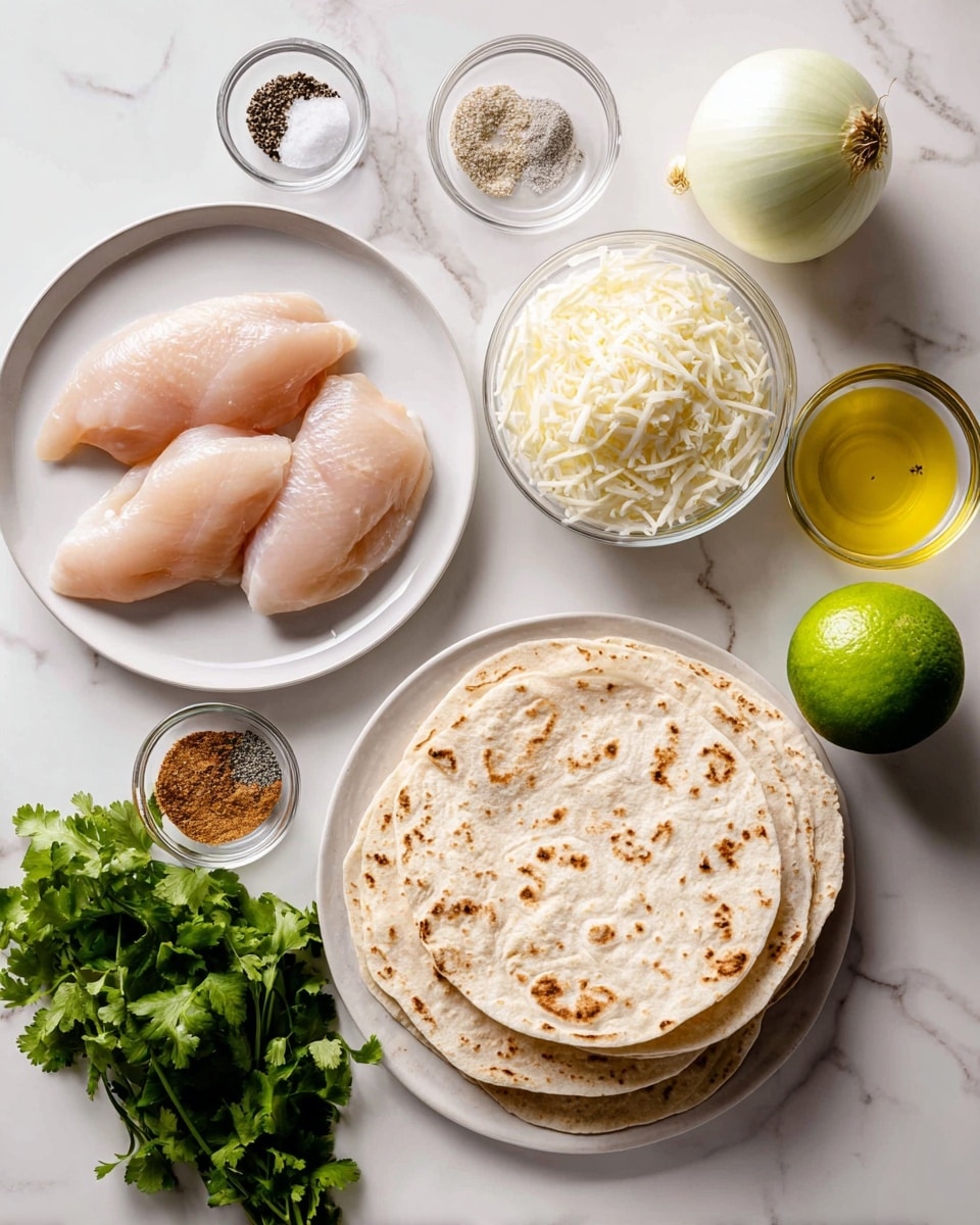 The image shows several ingredients arranged on a white marbled surface. On the left, there is a white plate with three raw, light pink chicken fillets. Near it, there are two small clear glass bowls, one containing salt and black pepper and the other just salt. In the center, there is a clear glass bowl filled with shredded white cheese. Above that, there is a whole white onion just beside a whole green lime. To the right side, there is a stack of round flat tortillas, light beige with some brown spots. Next to the tortillas, there is a bunch of fresh green cilantro. Two small clear bowls are above the tortillas, one holding a yellow oil and the other a brown spice mixture. The whole scene is brightly lit, with a clean and fresh look. photo taken with an iphone --ar 4:5 --v 7