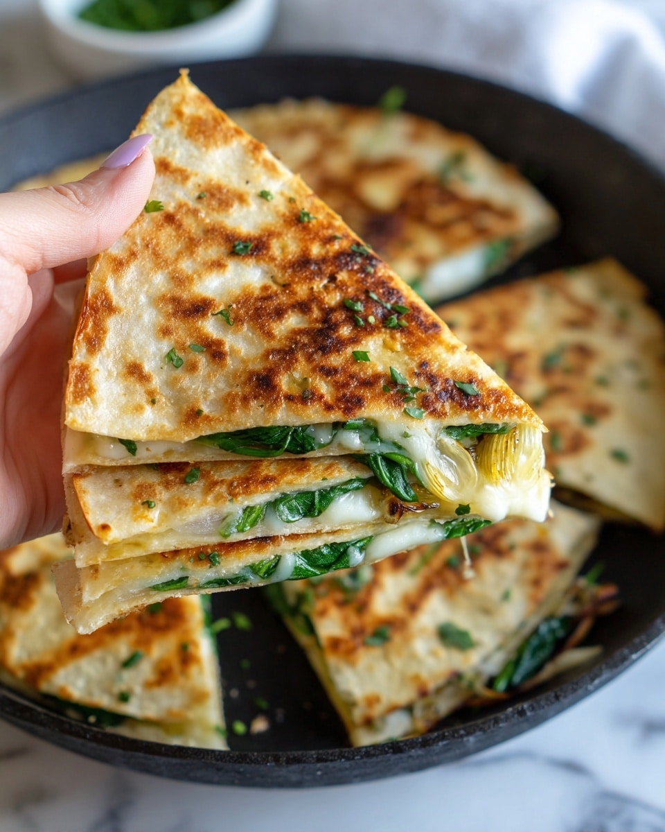 A close-up view of a golden brown quesadilla slice held by a woman's hand, showing three visible layers: the outer crispy tortilla with a slightly blistered texture, a middle layer of melted, creamy cheese with small browned spots, and a top layer of fresh green spinach and some small grilled onions. The background shows more quesadilla slices on a black pan with bits of herbs scattered around, all set on a white marbled surface. The photo taken with an iphone --ar 4:5 --v 7