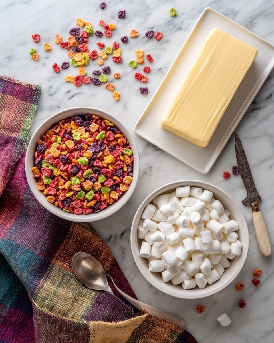 A top view of two white bowls on a white marbled surface, one filled with colorful small cereal pieces in red, orange, green, purple, and yellow, and the other filled with small white marshmallows. To the right, there is a rectangular white dish with a stick of yellow butter and an ivory butter knife on it. A colorful checked cloth is placed on the left side of the surface with some scattered cereal pieces and marshmallows around the bowls. photo taken with an iphone --ar 4:5 --v 7