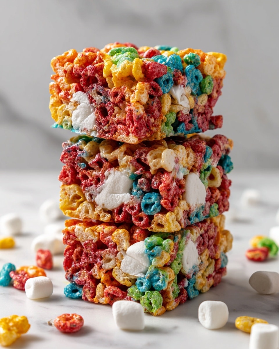 A stack of three colorful cereal treat squares made from bright red, yellow, green, blue, and orange cereal pieces held together with white marshmallow and melted butter. The squares show a rough texture filled with cereal clusters and whole white mini marshmallows embedded throughout. The stack sits on a white marbled surface, with some loose cereal pieces and small marshmallows scattered around, set against a simple white background. photo taken with an iphone --ar 4:5 --v 7
