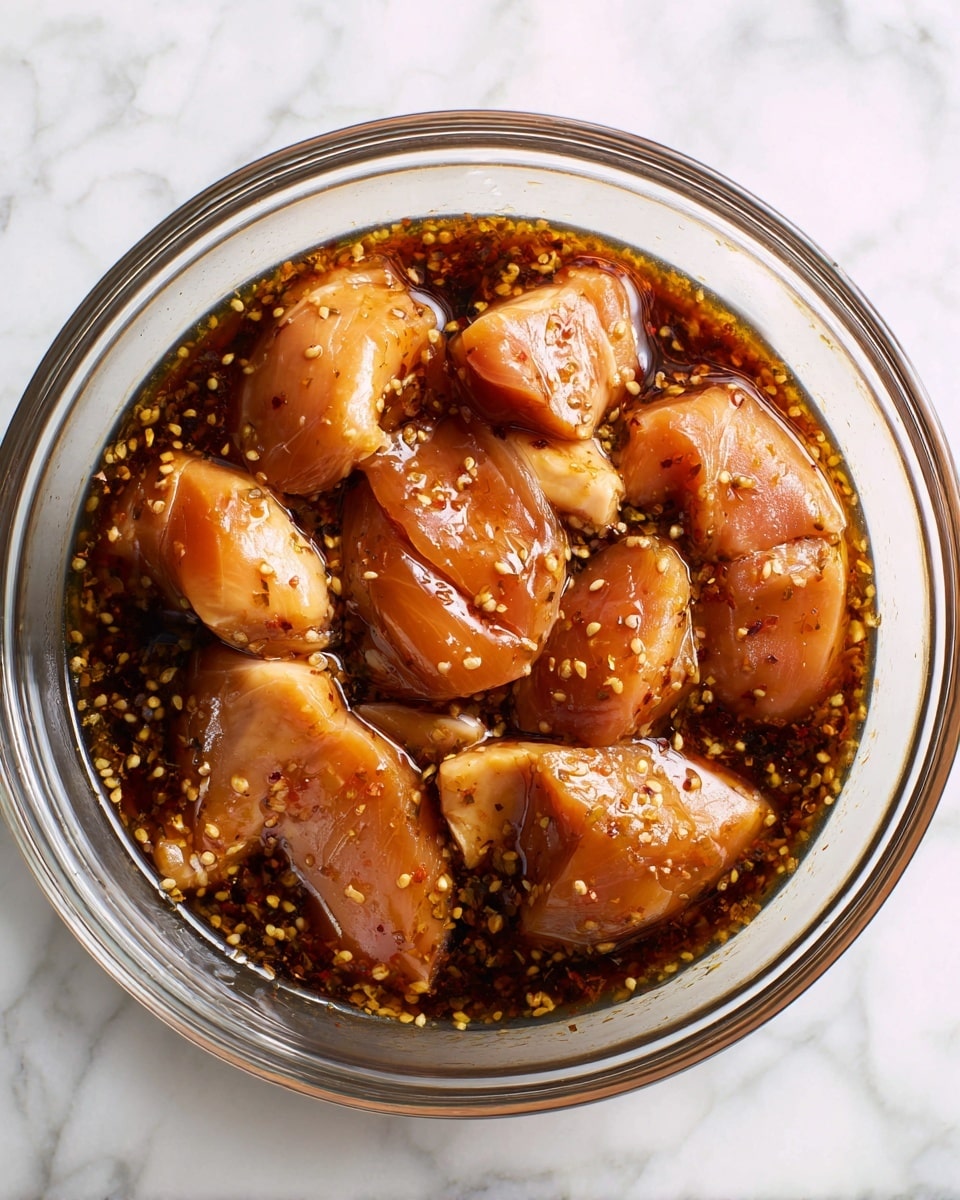 The image shows a clear glass bowl filled with several pieces of light brown, raw chicken chunks soaked in a dark brown marinade liquid. The chicken pieces have a smooth and shiny texture, sitting closely together with the marinade covering part of them. The bowl is placed on a surface with a white marbled texture, and the lighting brings out the wet, glossy look of the chicken and the marinade inside the bowl photo taken with an iphone --ar 4:5 --v 7