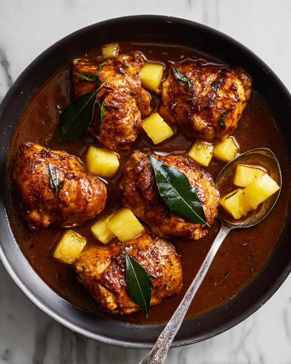 The image shows a dish with six pieces of cooked chicken arranged close together in a dark pan with a shiny, rich brown sauce coating them. Small yellow pineapple chunks are scattered around and on top of the chicken, adding bright color contrast. Two dark green bay leaves lie on the chicken and sauce, giving a touch of texture. There is a silver spoon resting in the sauce on the right side, holding one pineapple cube. The sauce looks thick and glossy, pooling around the chicken and pineapple on a white marbled surface. photo taken with an iphone --ar 4:5 --v 7
