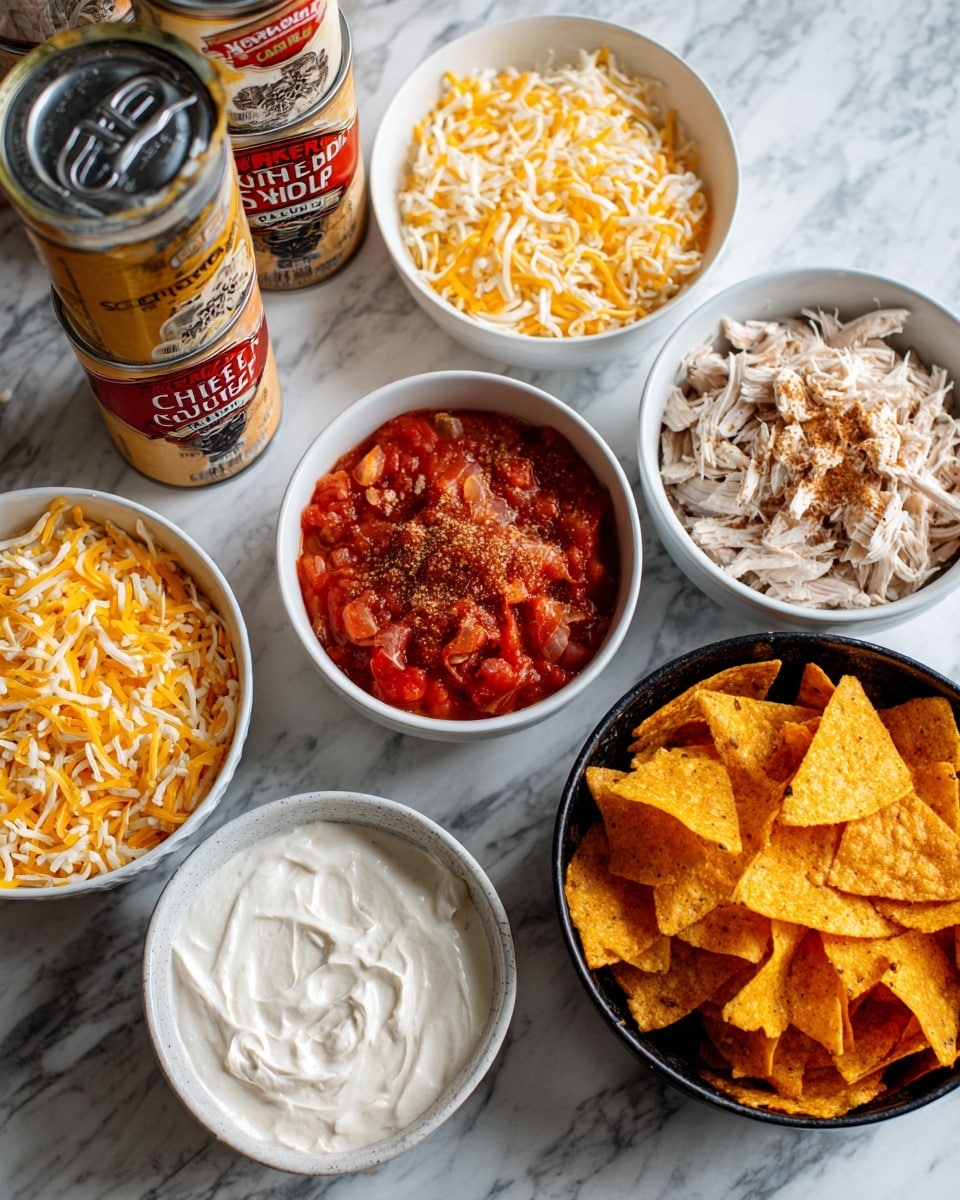 A collection of ingredients laid out on a white marbled surface, with five white bowls and two cans. One white bowl holds a mix of shredded yellow and white cheese, another has chunky red salsa with bits of tomato and pepper, a third bowl contains shredded white chicken topped with a sprinkle of brown seasoning, while the fourth bowl is filled with a smooth, creamy white sauce or sour cream. A large black bowl is filled with crunchy orange corn tortilla chips, creating a vibrant contrast. Two cans of cream of chicken soup with red and cream labels sit behind the bowls. The photo has soft natural light, focused on the ingredients, showing clear texture and color differences. photo taken with an iphone --ar 4:5 --v 7