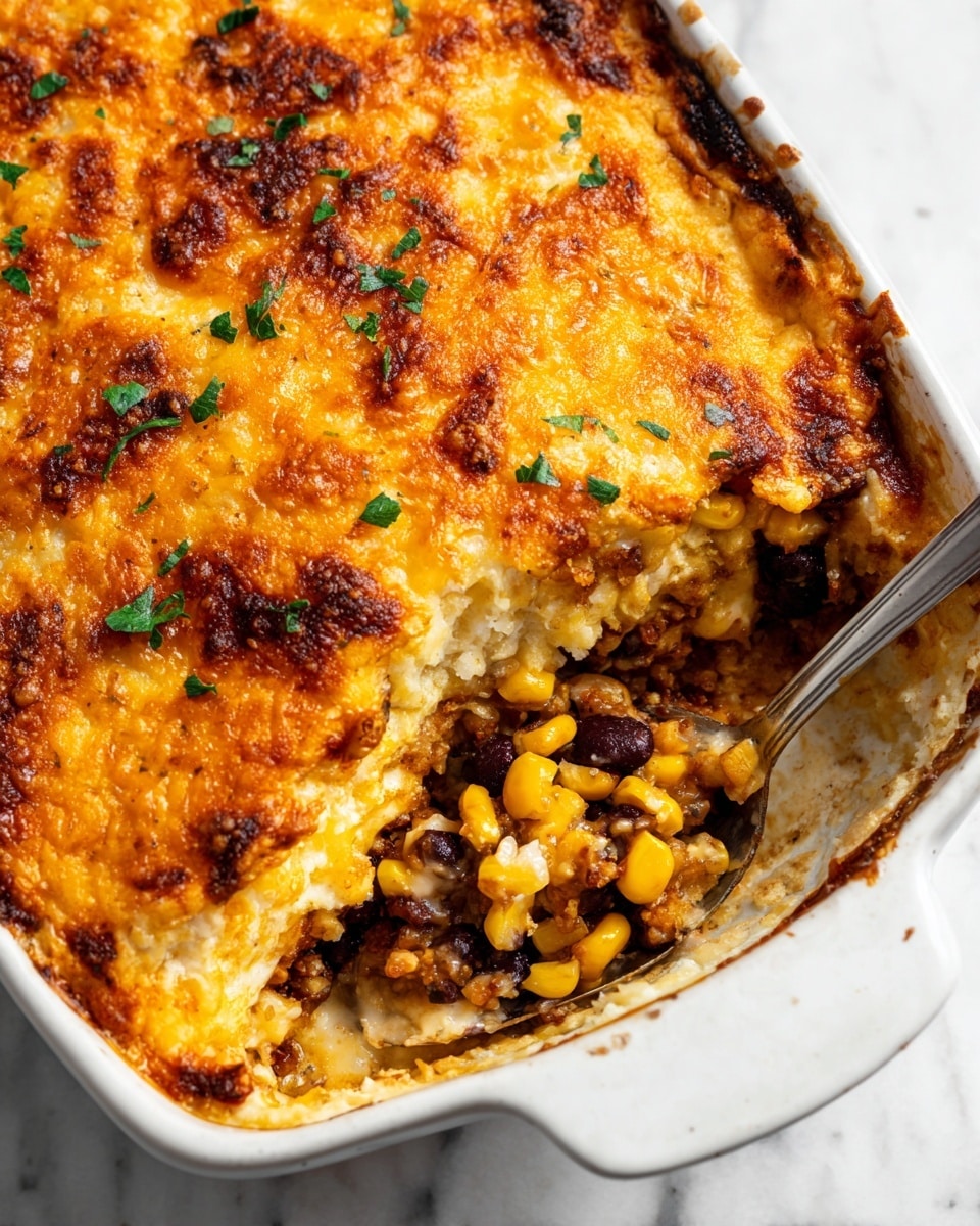 A close-up view of a white rectangular baking dish filled with a golden brown casserole topped with a crispy, uneven layer of baked shredded cheese. Inside, visible layers include a creamy sauce mixed with black beans and corn kernels that add specks of yellow and black throughout. A silver spoon scoops out a portion, revealing the layered texture inside with soft, moist ingredients contrasting the crunchy top. Bits of fresh green herbs are sprinkled on top for color. The dish sits on a white marbled surface. photo taken with an iphone --ar 4:5 --v 7