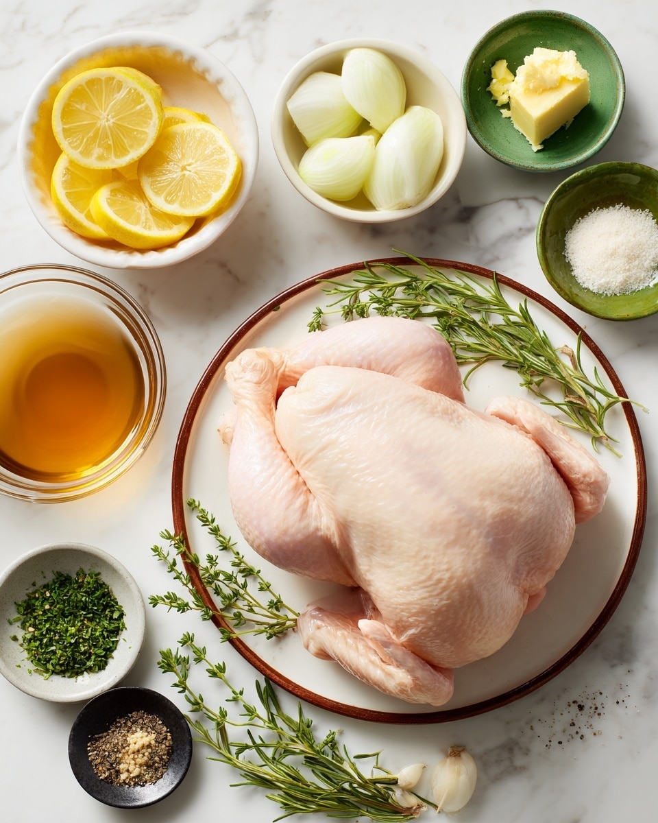 A whole raw chicken with pale pink skin sits centered on a white plate with brown edges, placed on a white marbled surface. Surrounding it are small white and green ceramic bowls holding different ingredients: peeled lemon slices in one bowl, chunks of white onion in another, a small portion of softened yellow butter, finely grated ginger, coarse salt on a black dish, ground black pepper in a greenish bowl, and small amounts of chopped herbs in white bowls. Fresh green rosemary and thyme sprigs lie between the bowls, adding a touch of natural green color. A clear glass bowl filled with a brownish liquid is also present. The scene is bright and clean, arranged neatly for cooking preparation photo taken with an iphone --ar 4:5 --v 7
