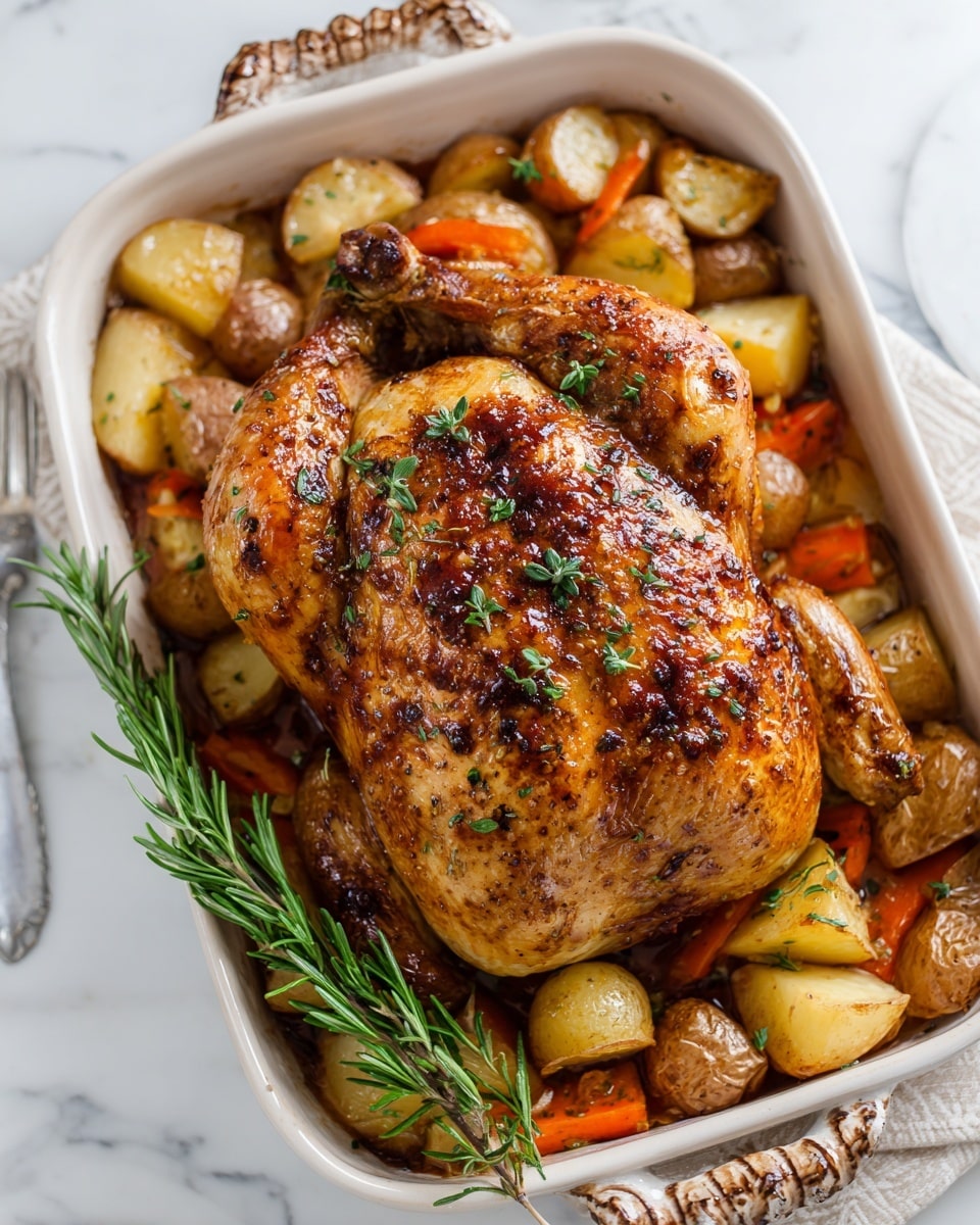 The image shows a roasted whole chicken with golden brown, crispy skin sprinkled with fresh herbs on top. The chicken is lying on a bed of roasted potatoes and carrots that have a light brown color and soft texture. A sprig of fresh rosemary is placed on the side near the chicken. The dish is served in a white baking dish with rustic handles. The background surface is white marbled, and a woman's hand holds a utensil near the dish. photo taken with an iphone --ar 4:5 --v 7