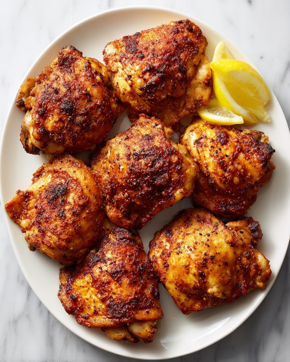 The image shows seven crispy cooked chicken thighs arranged on a white oval plate. The chicken has a golden-brown color with a textured, crunchy surface, and some darker spots of seasoning scattered across the skin. The pieces are placed closely together, filling the plate. In the top right corner, there are two lemon wedges partly visible, adding a bright yellow color contrast. The white marbled surface underneath the plate enhances the clean and fresh look of the image. photo taken with an iphone --ar 4:5 --v 7