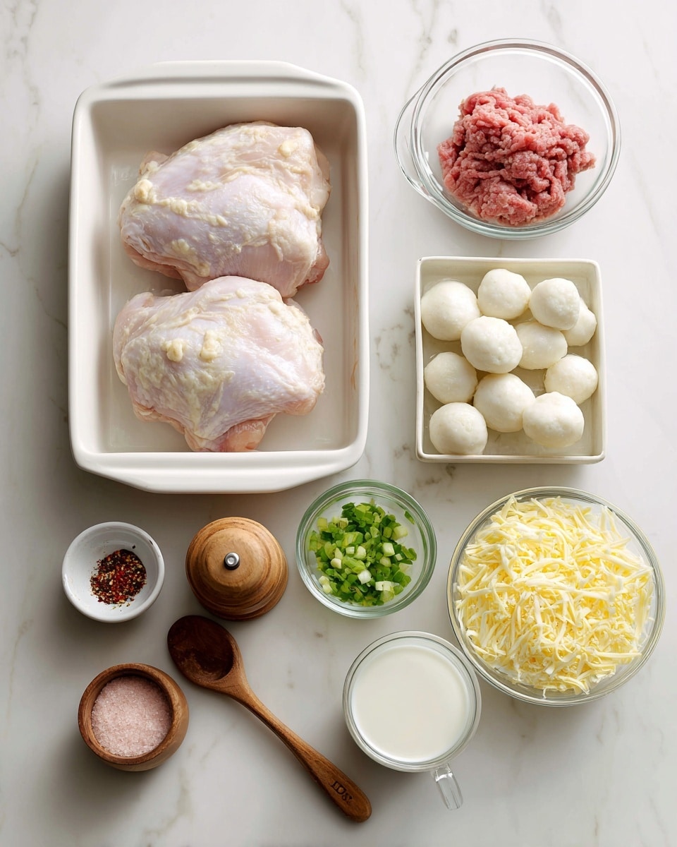 A white tray with two raw chicken pieces sits at the top left on a white marbled surface. To the right of the tray is a small glass bowl of raw ground meat and next to it a white container with six small round mozzarella balls. Below these are several small containers: a clear glass bowl with chopped green onions, a wooden spoon with a red spice, a pepper grinder, a small glass of white salt, a wooden bowl with pink Himalayan salt, a small bowl of milk, and a small bowl filled with shredded yellow cheese. The items are arranged neatly and evenly spaced on the white marbled surface. photo taken with an iphone --ar 4:5 --v 7