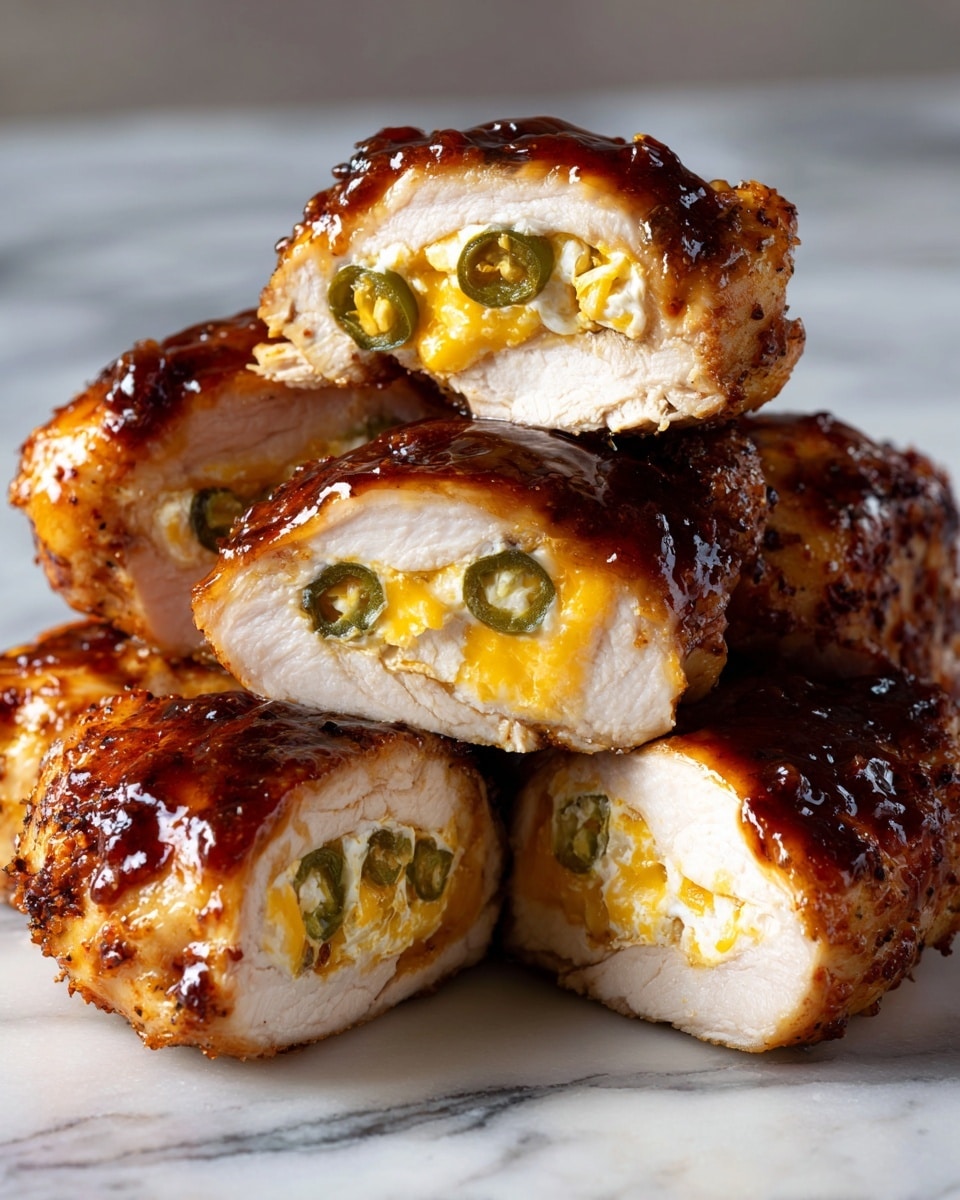 The image shows a close-up of five pieces of cooked stuffed chicken, glistening with a dark glaze. Three of the pieces are cut open to show their layers: the outer skin is golden brown and shiny, the next layer is white cooked chicken meat, inside of which is melted yellow cheese mixed with sliced green jalapeño peppers. The chicken pieces are stacked on a surface with a white marbled texture. The photo is taken with an iphone --ar 4:5 --v 7