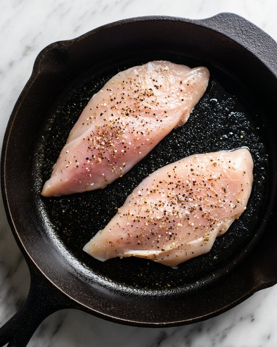The image shows two raw chicken fillets in a black cast iron pan with a shiny oily surface. Both fillets are pale pink with a slightly moist texture and are sprinkled with coarse black pepper and salt. The fillets lie flat, with one positioned on the left upper side and the other on the right lower side of the pan. The pan sits on a white marbled surface. Photo taken with an iphone --ar 4:5 --v 7