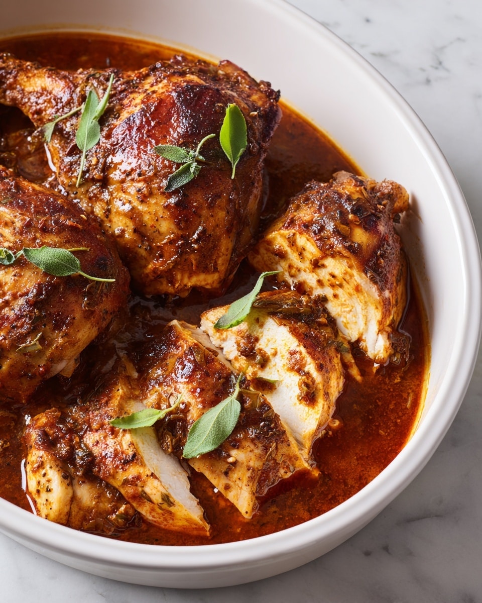 The image shows a white baking dish with cooked chicken pieces in a rich, dark orange-brown sauce. One chicken piece is whole, with a slightly charred surface and small green leaves scattered on top. Next to it is a sliced chicken piece, with each thick slice showing a tender white inside and a glossy orange-brown spiced outside. The dish sits on a white marbled surface, making the colors of the chicken and sauce stand out clearly. Photo taken with an iphone --ar 4:5 --v 7