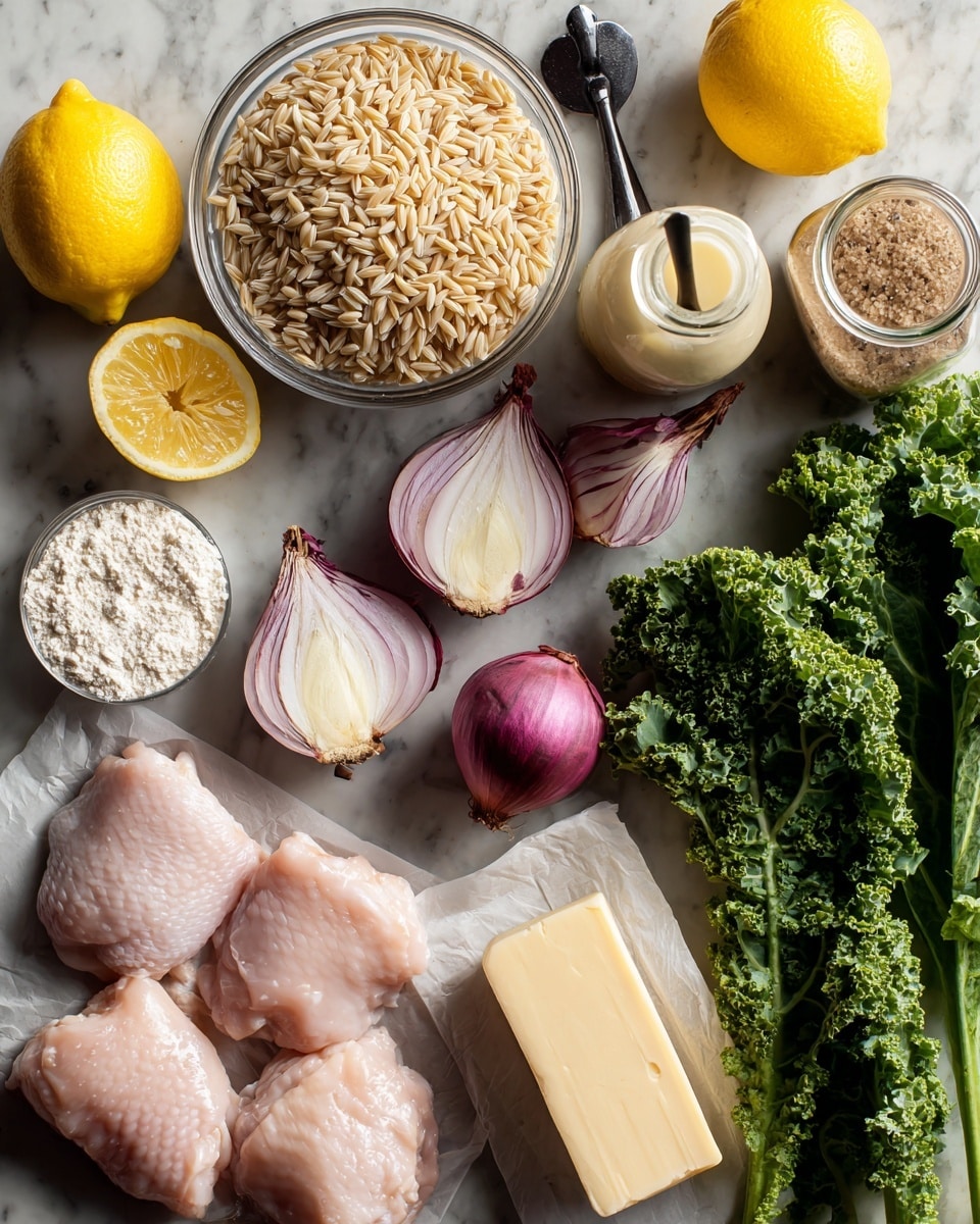 The image shows a white marbled surface with various fresh ingredients arranged neatly. There are three lemon halves with bright yellow skin and a juicy inside, placed near fresh green kale leaves with curly edges on the right side. In the center, a clear glass bowl is filled with light brown orzo pasta grains. Next to it, there are two halves and one whole shallot with smooth purple skin and white flesh visible on the inside. A pack with four pieces of pale pink raw chicken thighs is positioned at the bottom left corner. Surrounding these are small glass bowls filled with white flour, grated cheese, and a jar with a light brown paste and a black spoon inside. A bottle with creamy liquid and a stick of yellow butter wrapped in paper complete the display. photo taken with an iphone --ar 4:5 --v 7