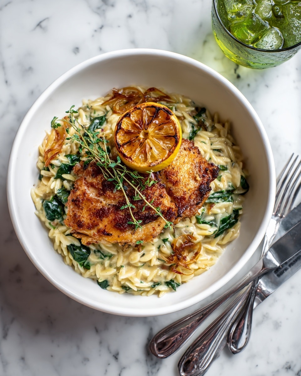 The dish is served in a white bowl placed on a white marbled surface. It has a bottom layer of creamy orzo pasta mixed with bright green spinach leaves, giving a mix of smooth and leafy texture. On top, there is a golden-brown cooked piece of chicken with a slightly crispy surface, sitting centrally. A caramelized lemon slice with a crisp, browned edge rests on one side of the chicken. Small sprigs of fresh herbs are sprinkled lightly over the chicken, adding green accents. Nearby, there are silver forks and knives, and a glass with green liquid partially visible. Photo taken with an iphone --ar 4:5 --v 7