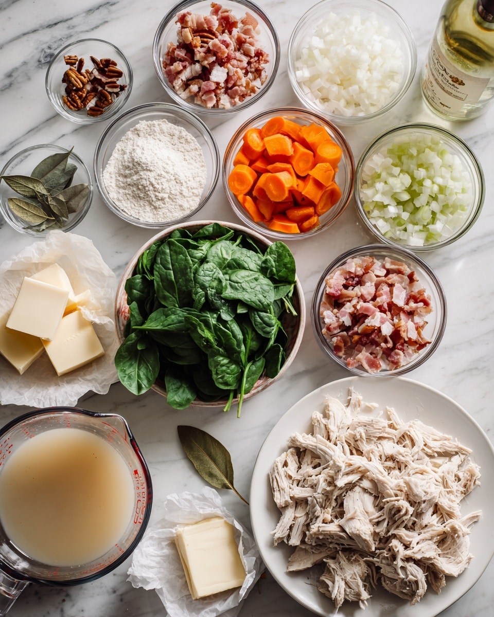 The image shows many ingredients arranged on a white marbled surface. In the center right, there is a white plate with shredded light brown cooked chicken. Around it, multiple clear glass bowls hold sliced orange carrots, chopped white onions, chopped light green celery, and diced bacon with pink and white layers. A bunch of fresh dark green spinach leaves lies near the center. There are also small bowls with white flour, herbs, and a single bay leaf. A clear measuring cup at the bottom left contains light brown broth. Next to it, slices of pale yellow butter rest on white paper. A bottle with light creamy sauce is at the bottom right. A bottle of white wine is partially visible at the top left. The ingredients are bright and clear, ready for cooking. Photo taken with an iphone --ar 4:5 --v 7