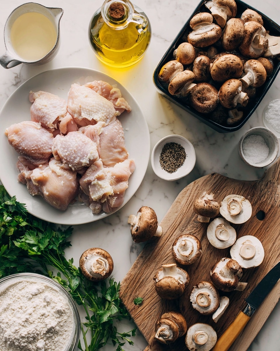 The image shows raw chicken pieces placed on a white plate on the lower left side of the frame. To the right, there is a wooden board with whole and sliced brown mushrooms scattered on it along with a small knife with a wooden handle. Above the board is a black plastic container filled with more brown mushrooms. Behind the plate of chicken, there is a bottle of olive oil and a clear glass jug of another liquid. Near the top right, there are two small white bowls, one with coarse salt and the other with ground black pepper. At the bottom left corner, a bunch of fresh parsley is partially visible. There is also a glass container filled with white flour and a measuring jug holding light-colored broth. The background is a white marbled surface. photo taken with an iphone --ar 4:5 --v 7