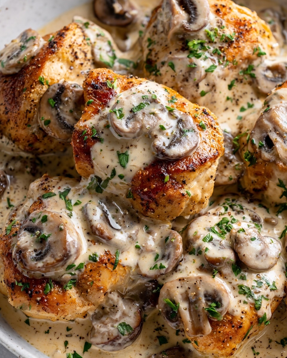 The image shows several pieces of golden brown cooked chicken layered closely together, each topped with a thick, creamy light brown mushroom sauce. The sauce contains whole and sliced mushrooms with a soft texture, spread evenly over the chicken pieces. Small bits of fresh green herbs are sprinkled over the entire dish, adding color contrast. The chicken and sauce fill the frame, giving a rich, hearty look, with some black pepper specks seen on the chicken. The background is a white marbled texture. photo taken with an iphone --ar 4:5 --v 7