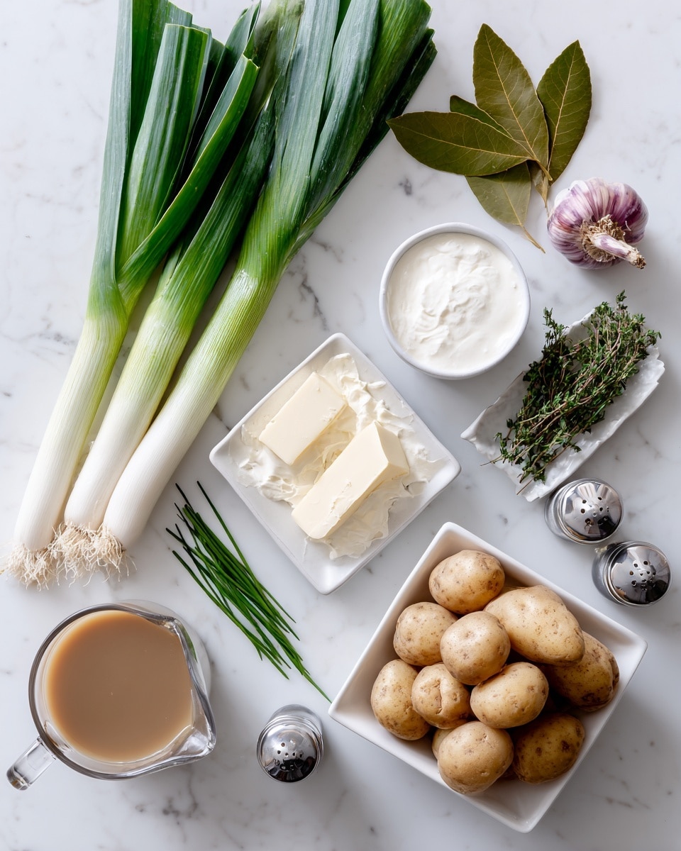 The image shows a clean layout of raw cooking ingredients on a white marbled surface. On the left, there are two long green leeks with white bases stretching horizontally. Above the leeks, two fresh green bay leaves. Near the center, a small white bowl filled with thick white cream or milk is next to fresh green chives and small sprigs of thyme. A whole purple-tinged garlic bulb is nearby. Below the herbs, a white dish holds block of butter, and to the left, a glass measuring cup contains light brown broth or stock. On the far right, a white square bowl is filled with small round light brown potatoes. Lastly, there is a set of two silver salt and pepper shakers near the potatoes. The scene is bright and neat, showing fresh ingredients ready for cooking, photo taken with an iphone --ar 4:5 --v 7