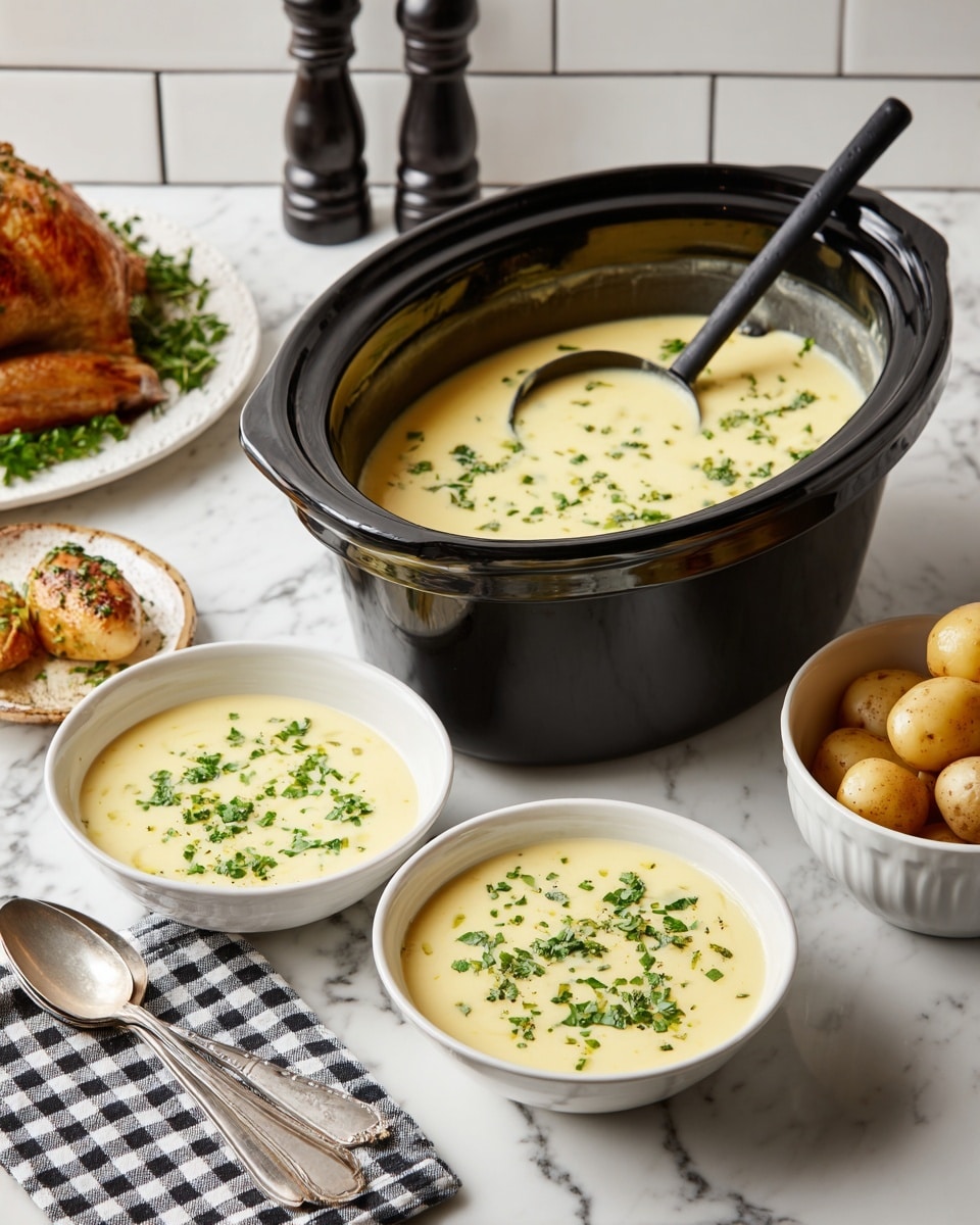 The image shows a black slow cooker filled with creamy pale yellow soup, topped with small pieces of green herbs; a black ladle rests inside the slow cooker. In front of it, two white soup bowls hold a similar amount of the same creamy yellow soup, also garnished with chopped green herbs. The bowls sit on a white marbled tabletop alongside a pair of silver spoons lying on a black and white checkered cloth. To the left, a white plate with a whole roasted chicken is partially visible, and near it are salt and pepper shakers. On the right, a white bowl contains several small light brown potatoes. The scene is bright with a white marbled backsplash behind. Photo taken with an iphone --ar 4:5 --v 7
