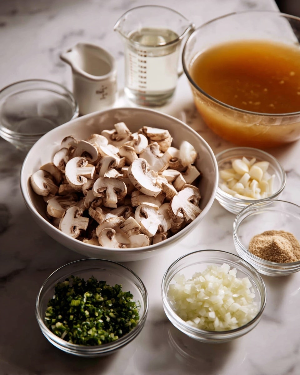 The image shows different ingredients for cooking placed neatly on a white marbled surface. There is a white bowl full of sliced mushrooms in the center, showing light brown and creamy white colors. Surrounding this bowl are smaller clear glass bowls and a white measuring jug with clear liquids and diced onions. A small pile of chopped green herbs, chopped garlic pieces, and a light powdery substance rest in their own small clear bowls. To the right is a larger glass container filled with a rich golden brown broth. The soft lighting highlights the textures like the rough diced onions, smooth mushrooms, and powdery ingredient. photo taken with an iphone --ar 4:5 --v 7