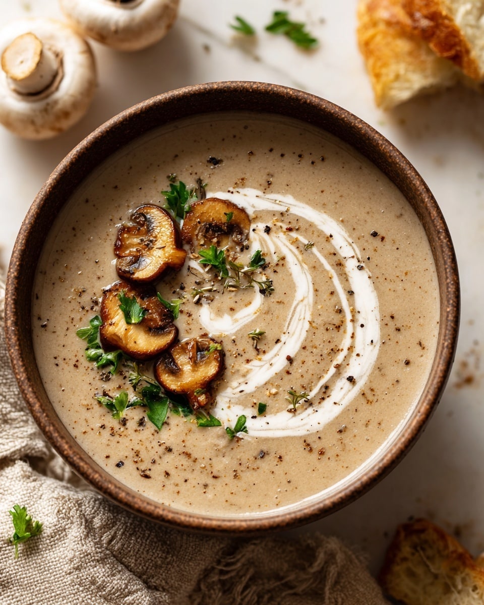 A close-up of a brown bowl filled with creamy light beige mushroom soup, topped in the center with a swirl of white cream, three small sautéed mushroom slices, small beige chunks, a pile of fresh green parsley, and black pepper specks scattered on top. The bowl sits on a textured beige cloth on a white marbled surface, with whole white and brown mushrooms and pieces of golden bread blurred in the background. Photo taken with an iphone --ar 4:5 --v 7