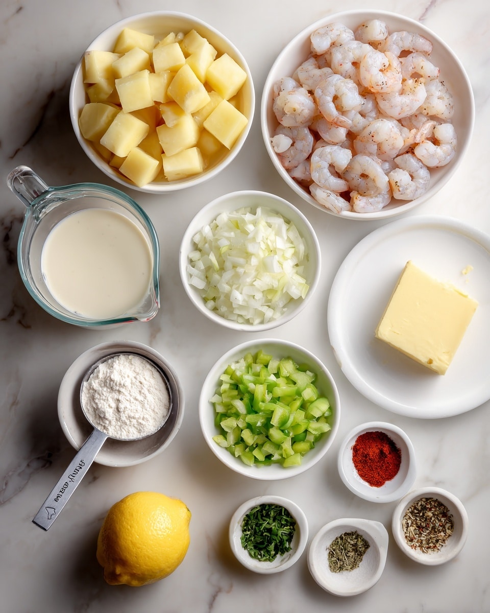 The image shows various ingredients neatly arranged on a white marbled surface. There are two white bowls near the top, one filled with cubed light yellow potatoes and the other with small pieces of pinkish-white raw fish. Below them, a white bowl holds raw shrimp with a translucent pale pink and gray color. A glass measuring cup to the left contains a creamy white liquid, while a small white bowl below it holds chopped white onions. Next to the onions is a white bowl with chopped green bell pepper. A white plate on the right side has a small square of bright yellow butter. Toward the bottom left, a metal measuring cup contains white flour. There are three small white square bowls on the bottom right, containing mixed salt and black pepper, red spice powder, and chopped green herbs, respectively. A whole bright yellow lemon is placed at the bottom right corner. The photo was taken with an iphone --ar 4:5 --v 7